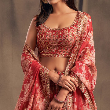 Red Floral Print ,  Zari and Sequence Embroidery Work lehenga choli with Organza dupatta