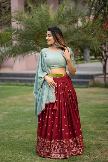 Maroon and Gray Digital Print with Dori and Sequence Embroidery Work lehenga choli with Net dupatta
