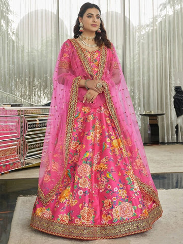 Pink Digital Print with Dori and Sequence Embroidery Work lehenga choli with Net dupatta