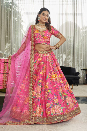 Pink Digital Print with Dori and Sequence Embroidery Work lehenga choli with Net dupatta