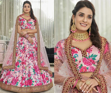 Light Pink Digital Print with Dori and Sequence Embroidery Work lehenga choli with Net dupatta