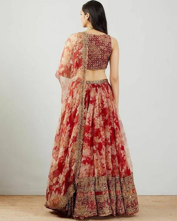 Red  Floral Print  and Sequence Embroidery Work  lehenga choli with Georgette dupatta