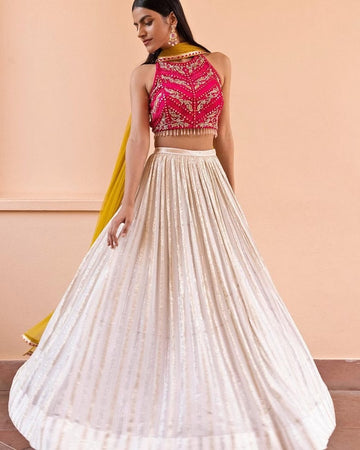 Pink and White  Zari and Sequence , Thread Embroidery Work  lehenga choli with Georgette dupatta