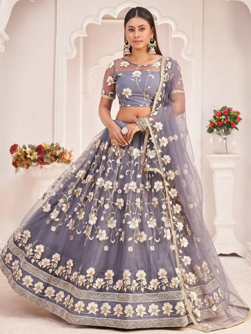 Gray  Zari and Sequence ,Thread  Embroidery Work  lehenga choli with Net dupatta