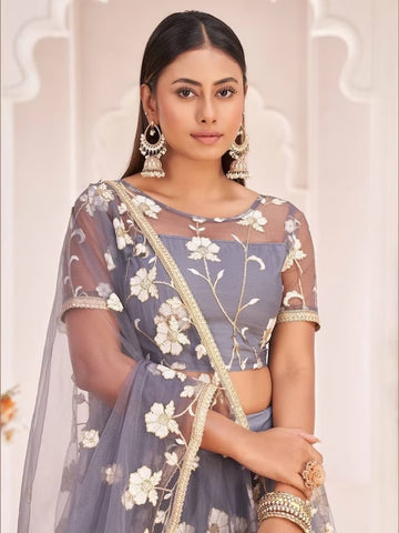 Gray  Zari and Sequence ,Thread  Embroidery Work  lehenga choli with Net dupatta