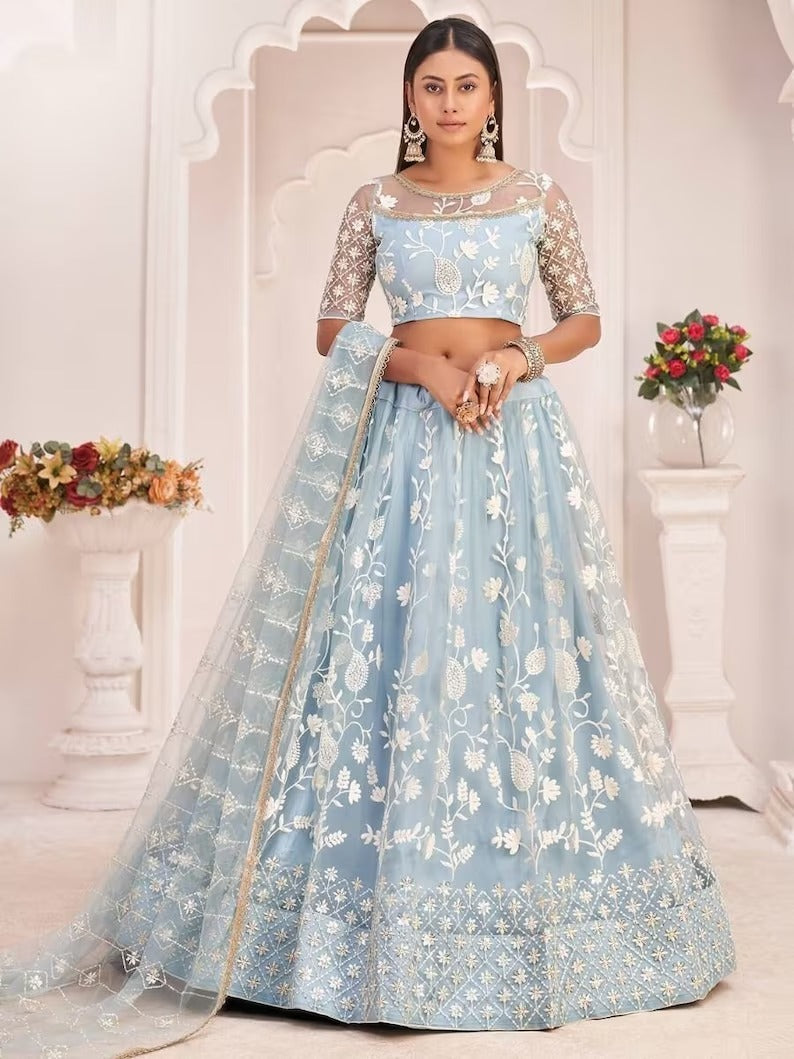 Sky Blue  Thread, Sequence Zari, Dori Embroidery Work   lehenga choli with Net dupatta