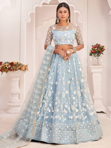 Sky Blue  Thread, Sequence Zari, Dori Embroidery Work   lehenga choli with Net dupatta