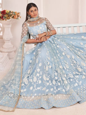 Sky Blue  Thread, Sequence Zari, Dori Embroidery Work   lehenga choli with Net dupatta