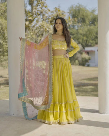 Yellow   Zari and Sequence , Thread Embroidery Work lehenga choli with Net dupatta