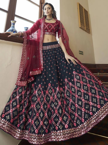 Blue and Red Zari and Sequence Embroidery Work  lehenga choli with Net  dupatta