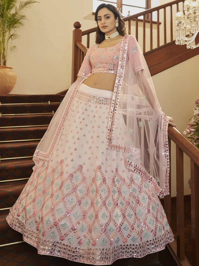Light Pink  Multi Thread, Gota Patti, Sequence Embroidery Work lehenga choli with Net dupatta