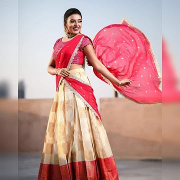 Pink and of white  ]Weaving  Work  lehenga choli with Georgette  dupatta