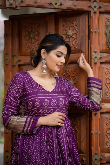 Purple   Bandhej  Gaji  Silk  Anarkali Flared Long  Gown