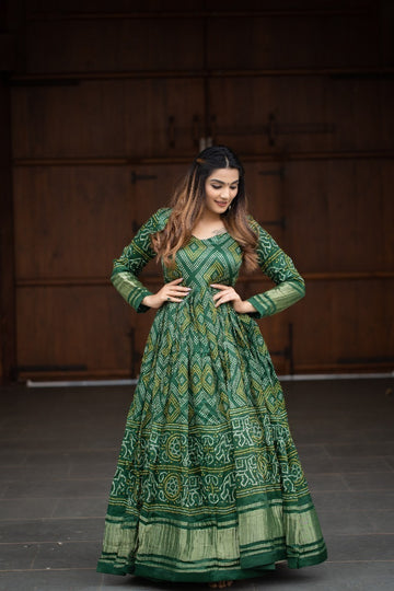 Green Bandhej  Gaji Silk  Anarkali Flared Long  Gown