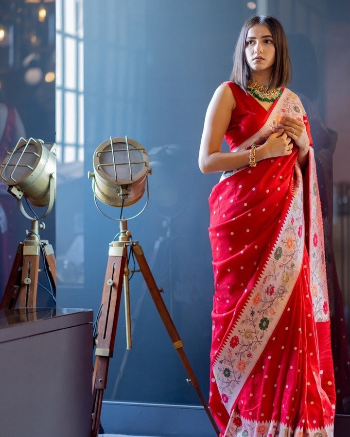 Red Jacquard Silk  saree for women