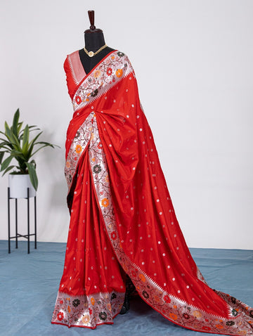 Red Jacquard Silk  saree for women