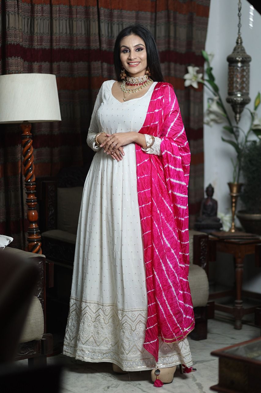 White  Lucknowi  Georgette   Anarkali Flared Long  Gown