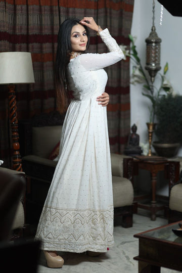 White  Lucknowi  Georgette   Anarkali Flared Long  Gown