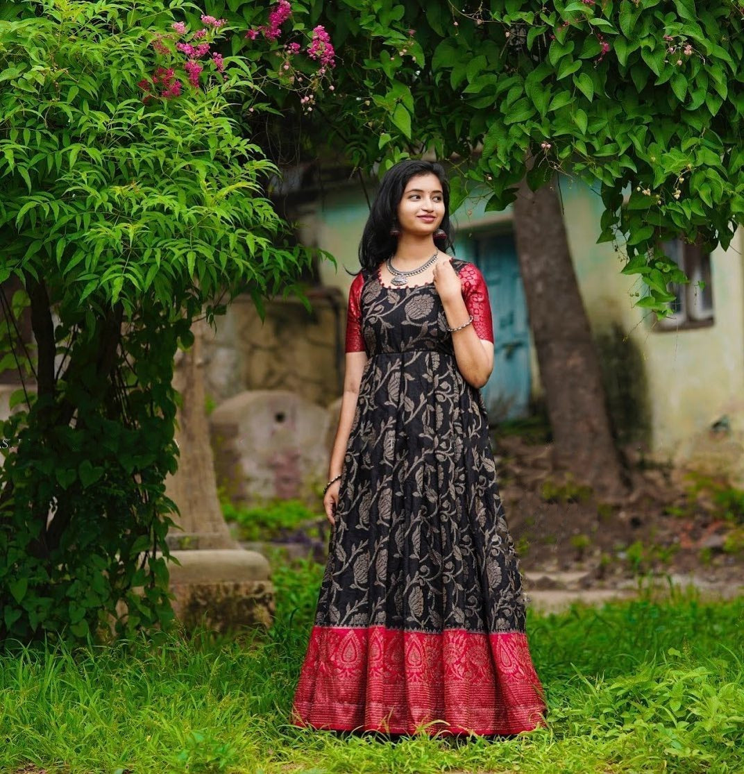 Black  Banarasi Silk  Anarkali Flared Long  Gown
