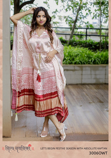Off WHite Green  Bandhej Digital Print with Gotta Patti  Work Kaftan For Women