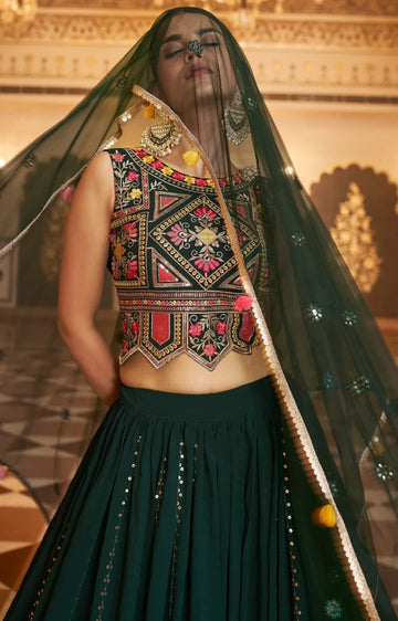 Green  Zari and Sequence Embroidery Work lehenga choli with Net dupatta