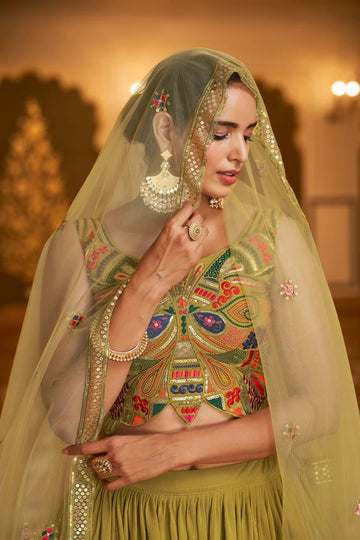 Mehendi   Zari and Sequence Embroidery Work  lehenga choli with Net dupatta
