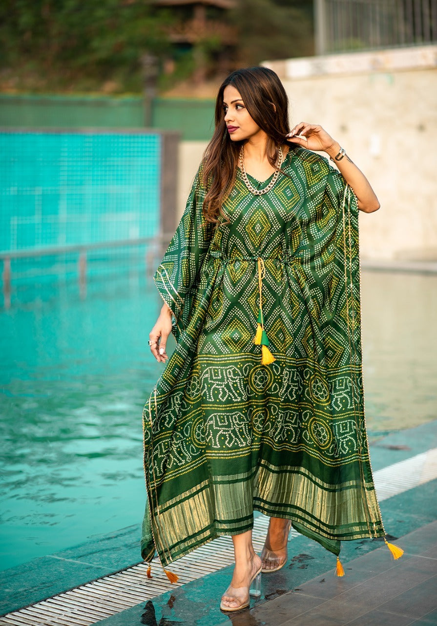 Green Green  Bandhej Digital Print with Gotta Patti  Work Kaftan For Women