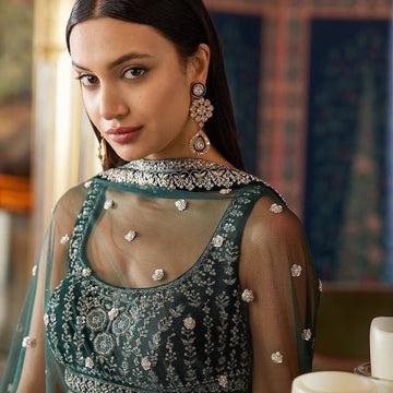 Green   Zari and Sequence Embroidery Work lehenga choli with Net dupatta