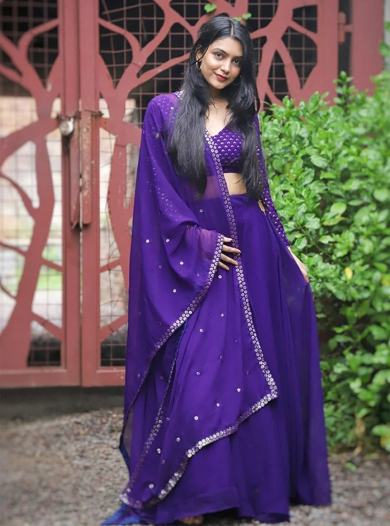 Purple  Zari and Sequence Embroidery Work lehenga choli with Georgette dupatta