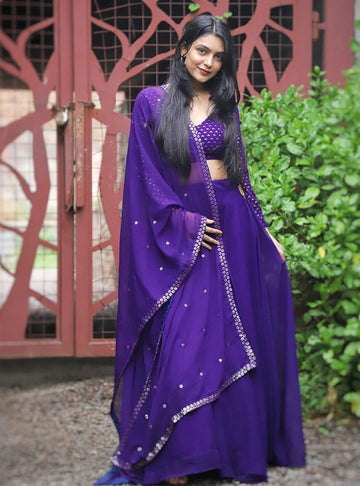 Purple  Zari and Sequence Embroidery Work lehenga choli with Georgette dupatta