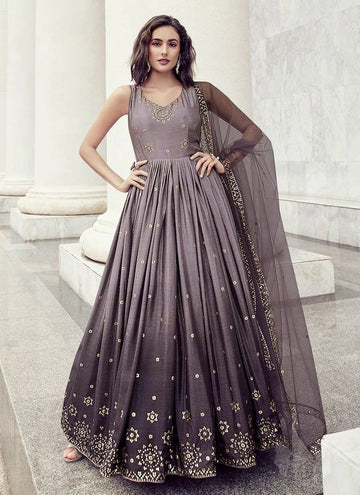 Dusty Purple  Sequins  Crepe  Anarkali Flared Long  Gown