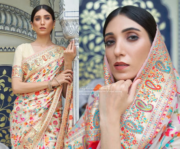 White Handloom  Silk saree for women