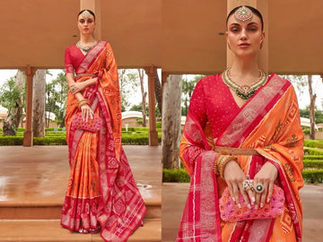 Orange And Red Patola Silk saree for women