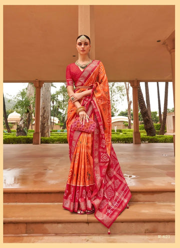 Orange And Red Patola Silk saree for women