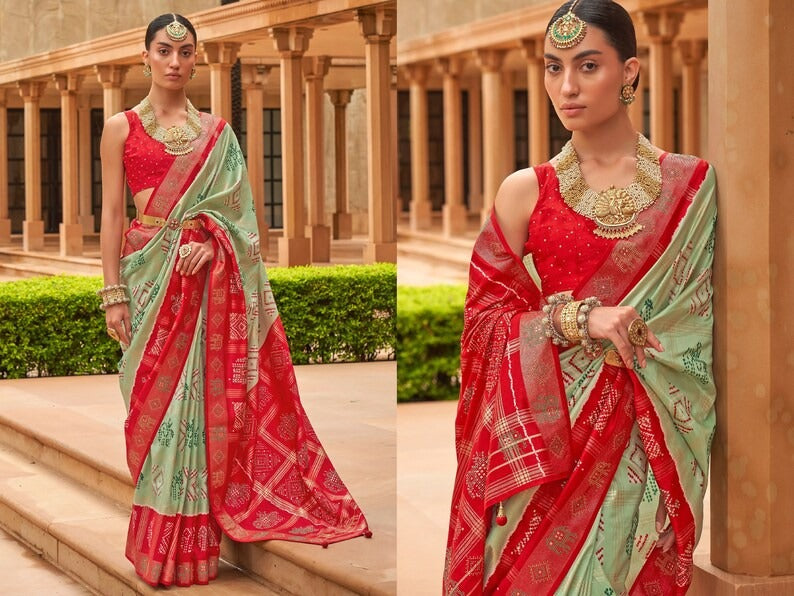 Red And Mint Green Patola Silk saree for women