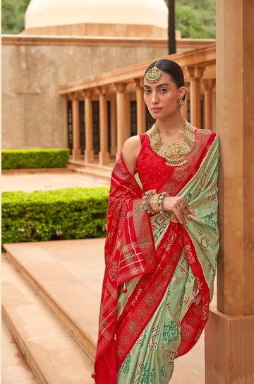 Red And Mint Green Patola Silk saree for women