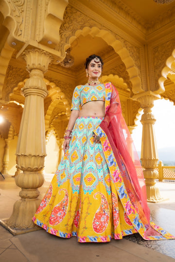 Yellow  Printed   Work lehenga choli with Net  dupatta