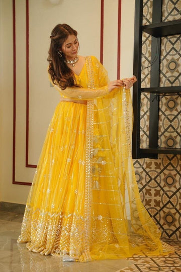multi color Zari and Sequence Embroidery Work lehenga choli with Net dupatta