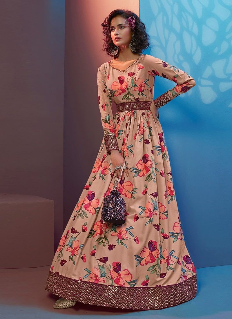 Peach Floral  Sequins  Crepe  Anarkali Flared Long  Gown
