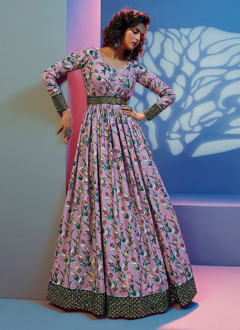 lavender  Floral  Sequins  Crepe  Anarkali Flared Long Gown