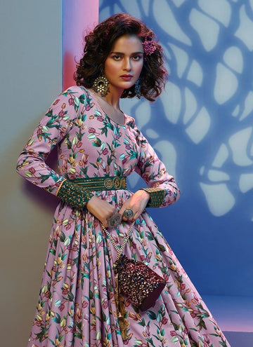 lavender  Floral  Sequins  Crepe  Anarkali Flared Long Gown