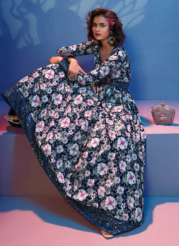 Blue Floral  Sequins  Crepe  Anarkali Flared Long Gown