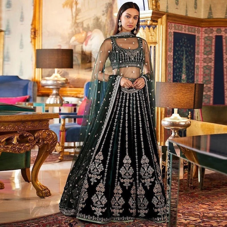 Green  Zari and Sequence , Thread  Embroidery Work lehenga choli with Net dupatta