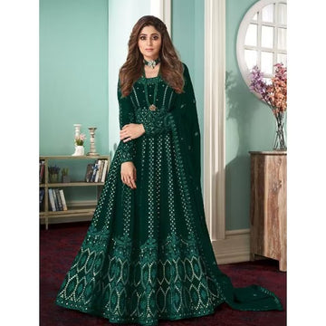 Green  Embroidery  Santoon Georgette Anarkali Flared Long Gown