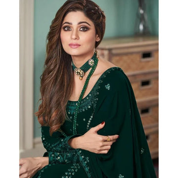 Green  Embroidery  Santoon Georgette Anarkali Flared Long Gown