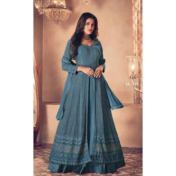 Blue  Embroidery  Santoon Georgette Anarkali Flared Long  Gown