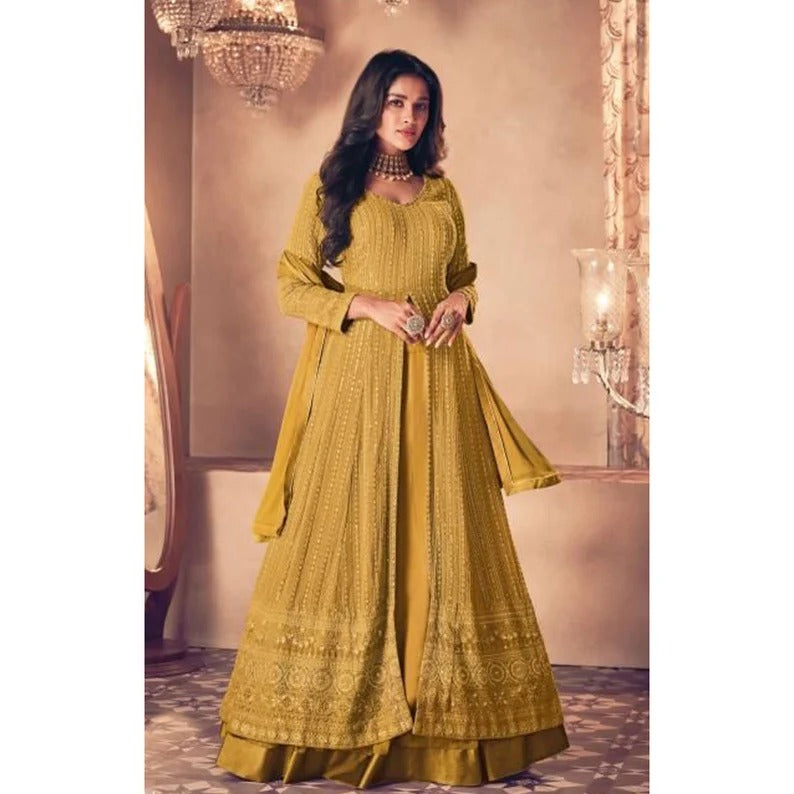 Yellow  Embroidery  Georgette Anarkali Flared Long  Gown