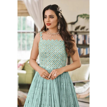 Sky Blue Embroidery  Santoon Georgette Anarkali Flared Long  Gown