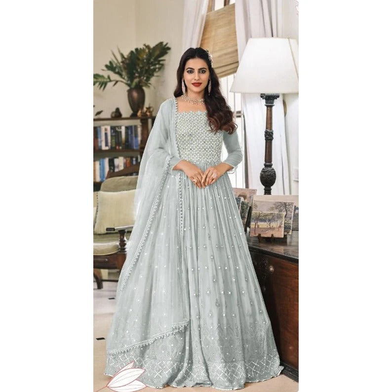 Gray   Embroidery  Santoon Georgette Anarkali Flared Long  Gown
