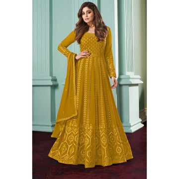 Yellow  Sequence Santoon Georgette Anarkali Flared Long  Gown